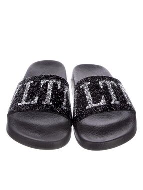 Valentino Garavani Black Glitter Logo Slide Sandals
